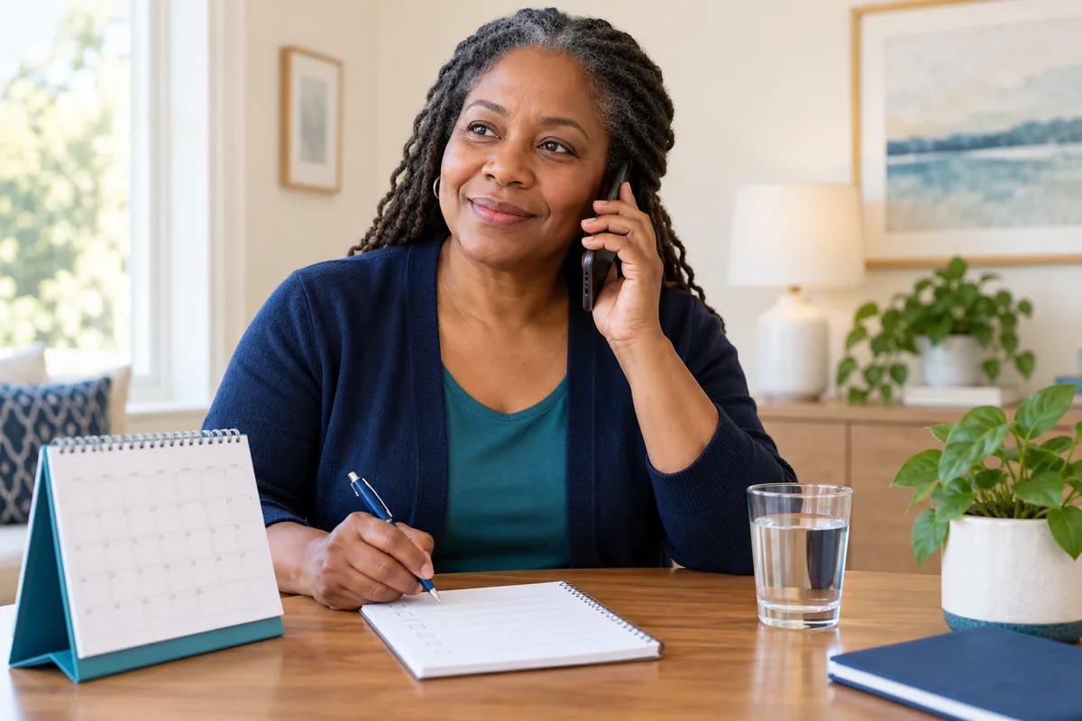 Illustrative image of a patient organising questions and calling a clinic before an appointment